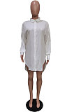 Black Modest Pure Color Long Sleeve Lapel Neck Single-Breasted Slit Shirt Dress BBN201-1