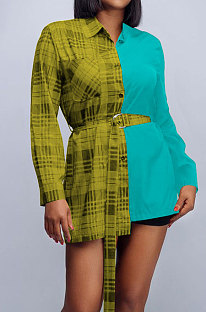 Yellow Plaid Digital Print Contrast Color Spliced Long Sleeve Single-Breasted With Beltband Shirts SZS8170-1