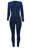WHOLESALE | Blue Autumn Winter Mesh Long Sleeve Zip Front Slim Fitting Jumpsuits ALS266-2