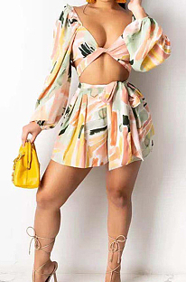 Light Orange Cute Print Lantern Sleeve Strapless Bandage Shorts Two-Piece SZS8081-3