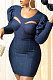 Drak Blue Autumn Winter New Lantern Sleeve Round Neck Hollow Out Zip Back Jean Wrap Dress BN9299