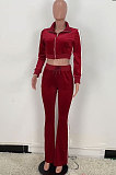 Pink Casual Side Strip Spliced Velvet Long Sleeve Zip Coat Flare Pants Slim Fitting Sets ARM8305-3