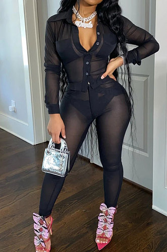 Black Wholesale Woman See-Through Long Sleeve Single-Breasted Shirt Pencil Pants Sets ARM8202-3