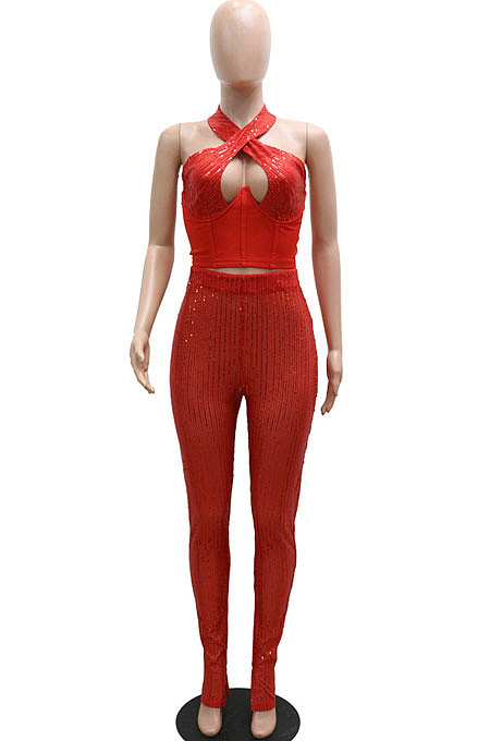 Black Sexy Halter Neck Sleeveless Solid Color Sequins Hollow Out Backless Bodycon Split Pants Sets YF9278-3