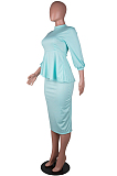 Brown Red Fashion Three Quarter Sleeve High Neck Blouse Midi Skirts Solid Color Sets SZS8156-2