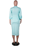 Brown Red Fashion Three Quarter Sleeve High Neck Blouse Midi Skirts Solid Color Sets SZS8156-2