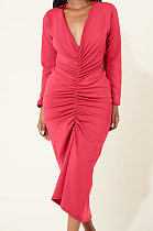 Red Women Long Sleeve Pure Color Both Sides Wear Fashion Long Dress AYM5036-2