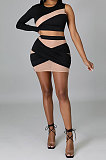 Green Women Sexy Spliced Single Sleeve Round Collar Tops Skirts Sets YF9243-1
