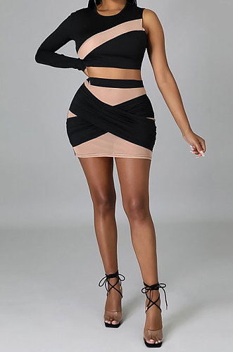 Green Women Sexy Spliced Single Sleeve Round Collar Tops Skirts Sets YF9243-1