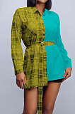 Green Plaid Digital Print Contrast Color Spliced Long Sleeve Single-Breasted With Beltband Shirts SZS8170-2