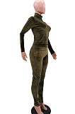 Gray Simple Woman Velvet Long Sleeve High Collar Top Bodycon Pants Slim Fitting Sets TK6143-3