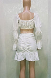White Cute Sexy Puff Sleeve Bandage Strapless High Waist Ruffle Mini Skrts Sets BN9298