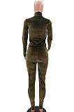 Gray Simple Woman Velvet Long Sleeve High Collar Top Bodycon Pants Slim Fitting Sets TK6143-3