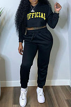 Black Women Long Sleeve Hooded Printing Long Pants Sets SMY81114-1