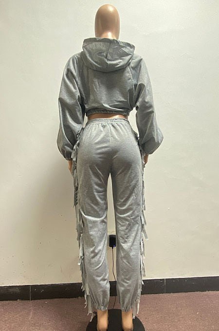 Black Euramerican Trendy Solid Color Autumn Winter Loose Crop Hooded Tassel Pocket Pants Sets AYM5038-3
