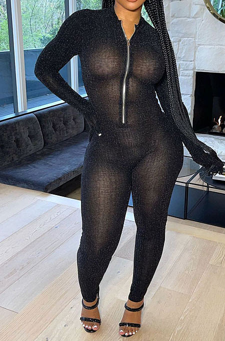 WHOLESALE | Black Autumn Winter Mesh Long Sleeve Zip Front Slim Fitting Jumpsuits ALS266-3