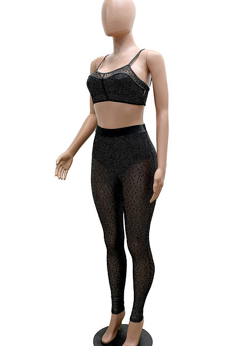 Black Mesh Spaghetti Sexy Condole Belt Tank Solid Color Sleeveless Pants Sets With Underwear YF9268