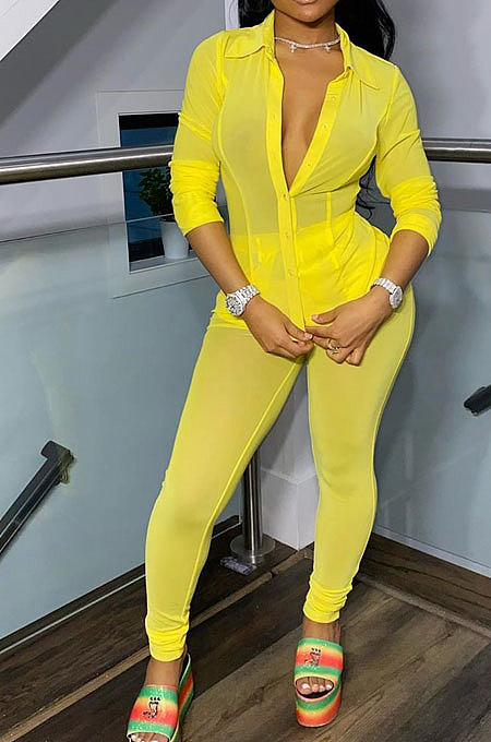 Orange Wholesale Woman See-Through Long Sleeve Single-Breasted Shirt Pencil Pants Sets ARM8202-1