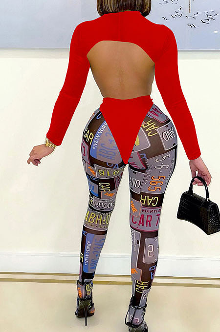 Peacock Blue Personality Digital Letter Print Long Sleeve Backless Hollow Out Top Bodycon Pants Sexy Sets SZS8161-3