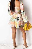 Light Orange Cute Print Lantern Sleeve Strapless Bandage Shorts Two-Piece SZS8081-3