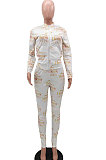 Grey Cotton Blend Letter Printing Long Sleeve Stand Neck Zip Front Coat Pencil Pants Sport Sets TK6145-1