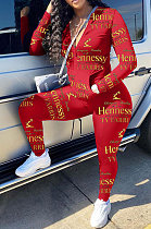 Red Cotton Blend Letter Printing Long Sleeve Stand Neck Zip Front Coat Pencil Pants Sport Sets TK6145-2
