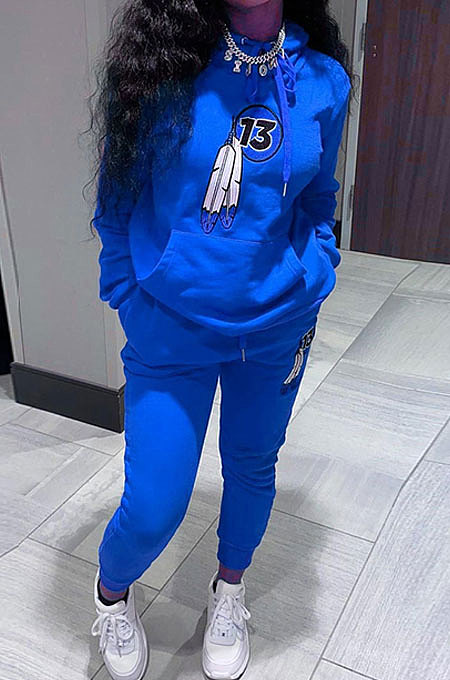 Blue Women Long Sleeve Pure Color Printing Casual Pants Sets SMY81115-2