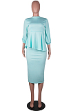 Brown Red Fashion Three Quarter Sleeve High Neck Blouse Midi Skirts Solid Color Sets SZS8156-2