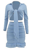 Blue Women Sexy Long Sleeve V Collar Bandage Ruffle Skirts Sets HZF57817