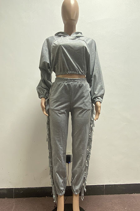 Orange Euramerican Trendy Solid Color Autumn Winter Loose Crop Hooded Tassel Pocket Pants Sets AYM5038-2