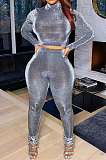 Gray Simple Woman Velvet Long Sleeve High Collar Top Bodycon Pants Slim Fitting Sets TK6143-3