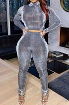 Gray Simple Woman Velvet Long Sleeve High Collar Top Bodycon Pants Slim Fitting Sets TK6143-3