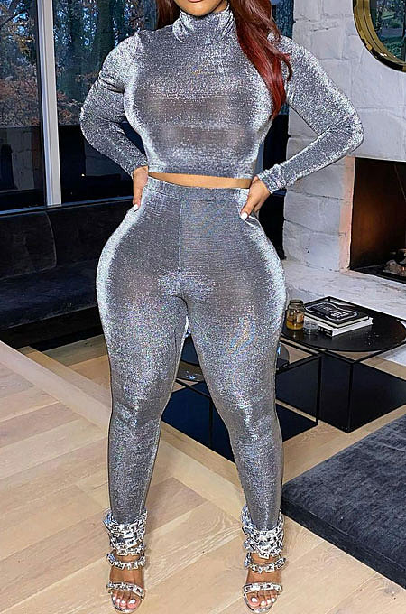 Gray Simple Woman Velvet Long Sleeve High Collar Top Bodycon Pants Slim Fitting Sets TK6143-3