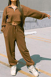 Coffee Women Fashion Casual Pure Color Long Sleeve Crop Pants Sets AYQ08020-1