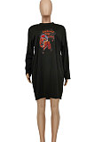 Black Women Pullover Round Collar Casual Printing Loose Pocket Mini Dress HZF57816