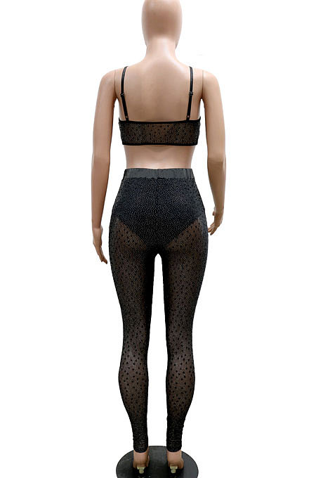 Black Mesh Spaghetti Sexy Condole Belt Tank Solid Color Sleeveless Pants Sets With Underwear YF9268