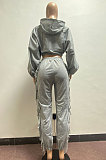 Gray Euramerican Trendy Solid Color Autumn Winter Loose Crop Hooded Tassel Pocket Pants Sets AYM5038-1