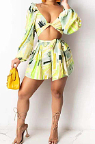 Neon Yellow Cute Print Lantern Sleeve Strapless Bandage Shorts Two-Piece SZS8081-1