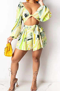 Neon Yellow Cute Print Lantern Sleeve Strapless Bandage Shorts Two-Piece SZS8081-1