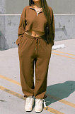 Wine Red Women Fashion Casual Pure Color Long Sleeve Crop Pants Sets AYQ08020-3