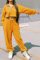 Yellow Women Fashion Casual Pure Color Long Sleeve Crop Pants Sets AYQ08020-5