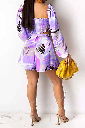Light Purple Cute Print Lantern Sleeve Strapless Bandage Shorts Two-Piece SZS8081-2