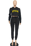 Black Women Long Sleeve Hooded Printing Long Pants Sets SMY81114-1