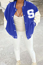 Dark Blue Autumn Winter Women Euramerican Fashion Cardigan Printing Ribber Coat SMY81116-2