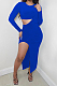 Blue Wholesale Women Long Sleeve Round Collar Crop Top Irregularity Condole Belt Skirts Sets TD80063-1