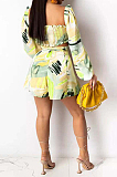 Neon Yellow Cute Print Lantern Sleeve Strapless Bandage Shorts Two-Piece SZS8081-1