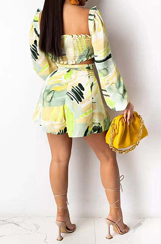 Neon Yellow Cute Print Lantern Sleeve Strapless Bandage Shorts Two-Piece SZS8081-1