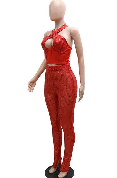 Black Sexy Halter Neck Sleeveless Solid Color Sequins Hollow Out Backless Bodycon Split Pants Sets YF9278-3