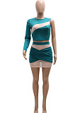 White Women Sexy Spliced Single Sleeve Round Collar Tops Skirts Sets YF9243-2