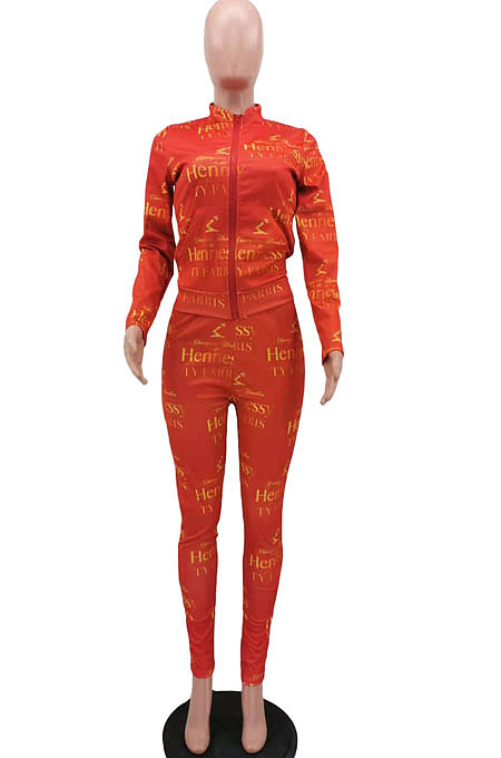 Red Cotton Blend Letter Printing Long Sleeve Stand Neck Zip Front Coat Pencil Pants Sport Sets TK6145-2